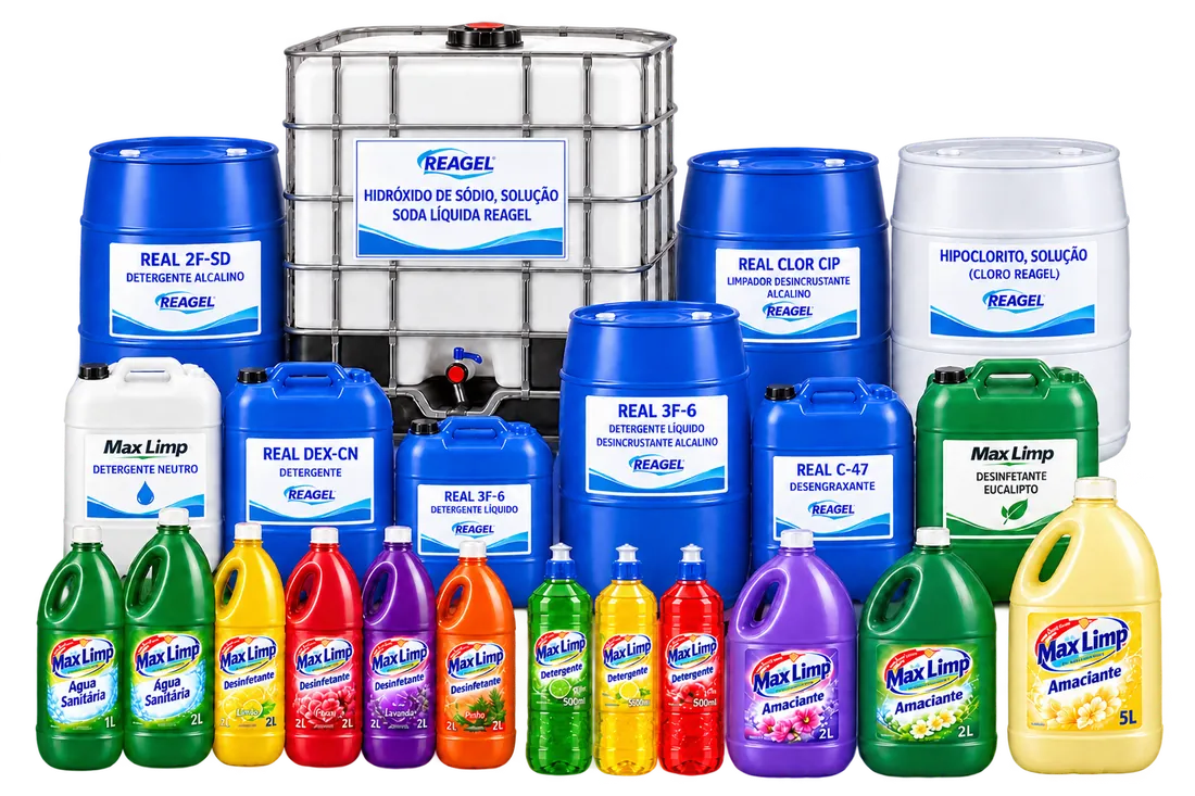 Linha de produtos Reagel e Max Limp: bombonas, galões e frascos